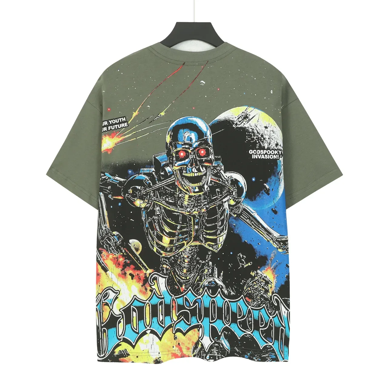 Olive Green Oversized Cyberpunk Graphic T-Shirt 3