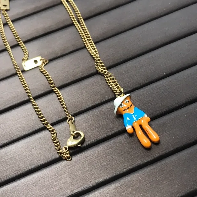 Orange Gold Enamel Figurine Pendant Curb Chain Necklace 2