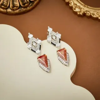 Orange Silver Geometric Two-Part Drop Earrings