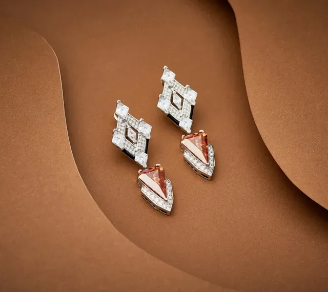 Orange Silver Geometric Two-Part Drop Earrings 3