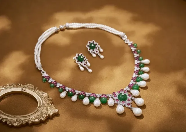 Ornate Emerald Ruby Pearl Diamond Floral Pendant Necklace 2