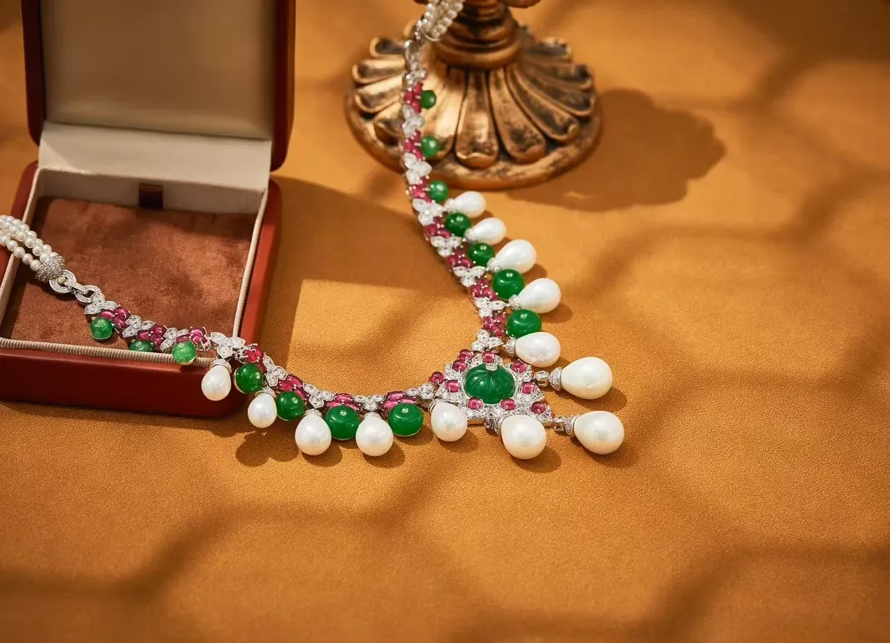 Ornate Emerald Ruby Pearl Diamond Floral Pendant Necklace 4