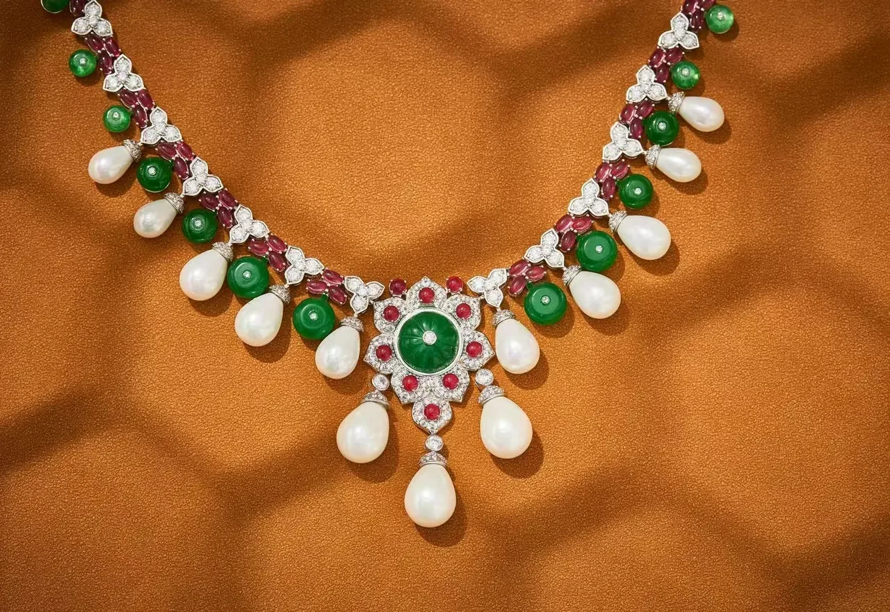 Ornate Emerald Ruby Pearl Diamond Floral Pendant Necklace 5
