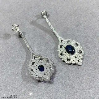 Ornate Filigree Pavé-Set Oval Blue Stone Dangling Earrings