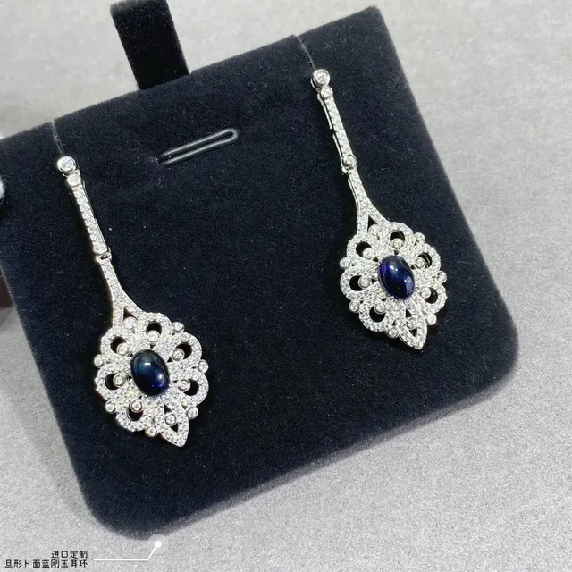 Ornate Filigree Pavé-Set Oval Blue Stone Dangling Earrings 2