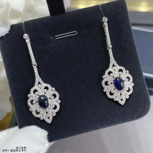 Ornate Filigree Pavé-Set Oval Blue Stone Dangling Earrings 4
