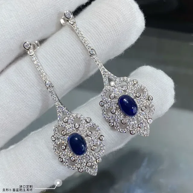 Ornate Filigree Pavé-Set Oval Blue Stone Dangling Earrings 5