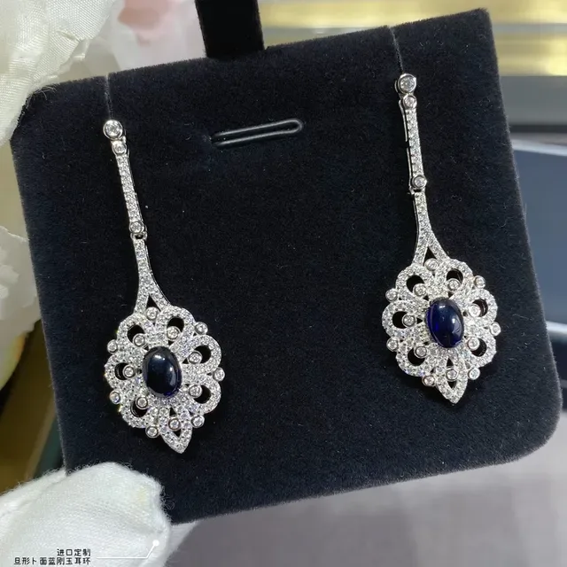 Ornate Filigree Pavé-Set Oval Blue Stone Dangling Earrings 6