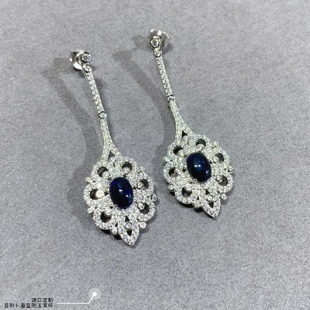 Ornate Filigree Pavé-Set Oval Blue Stone Dangling Earrings 7