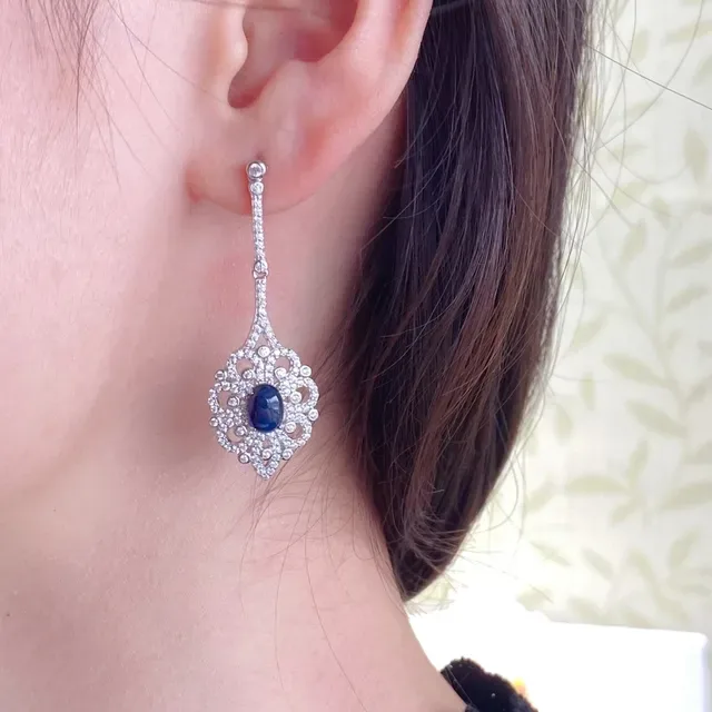 Ornate Filigree Pavé-Set Oval Blue Stone Dangling Earrings 8