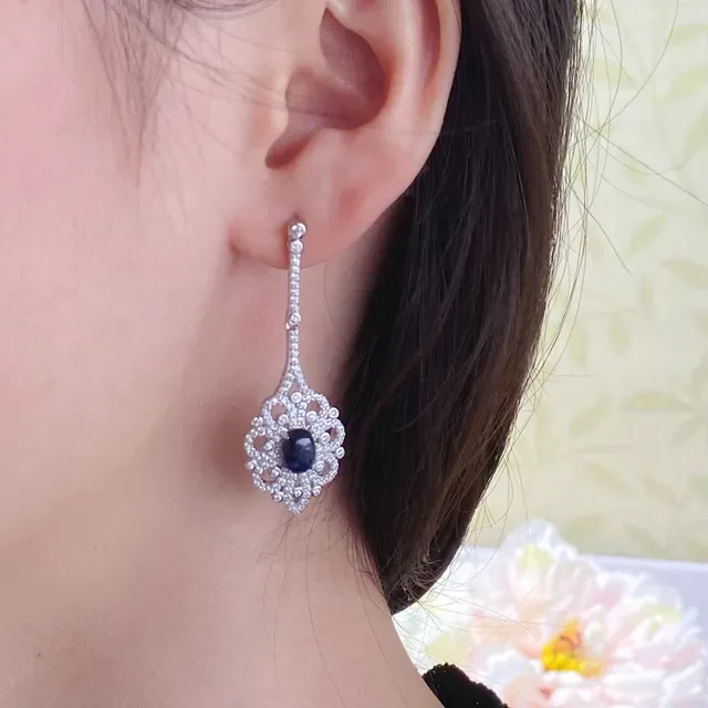 Ornate Filigree Pavé-Set Oval Blue Stone Dangling Earrings 9