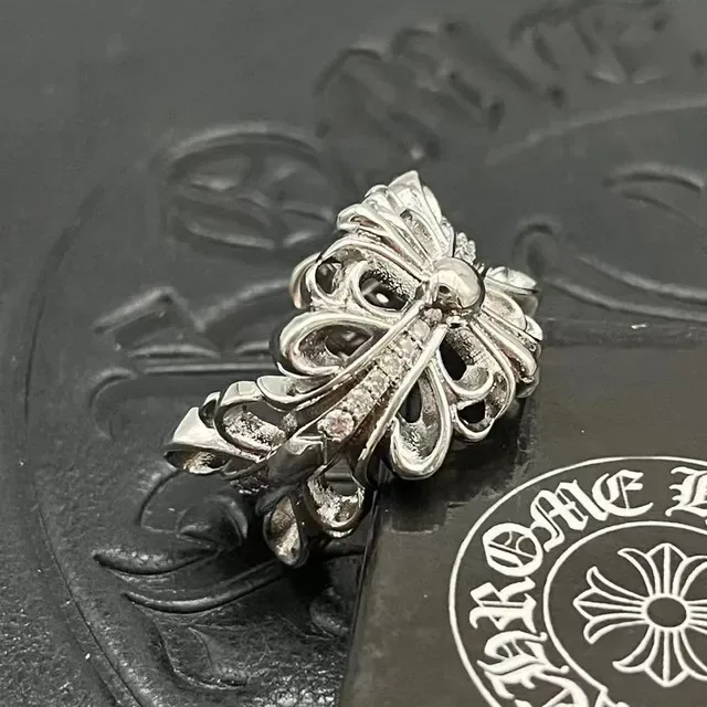 Ornate Floral Pavé-Set Silver-Tone Ring 7