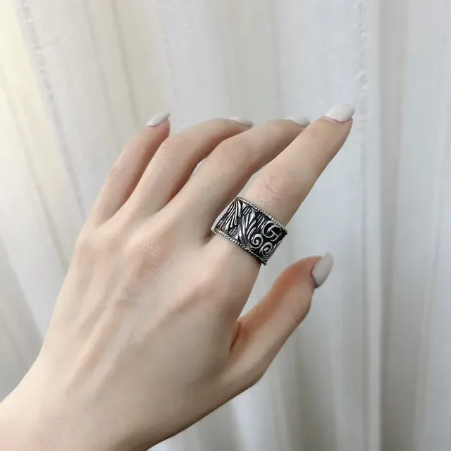 Ornate Scrollwork Wide Band Antique Silver Ring 4