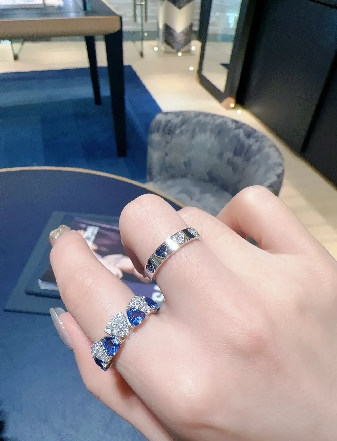 Ornate Triple Teardrop Blue and Pavé Ring 2