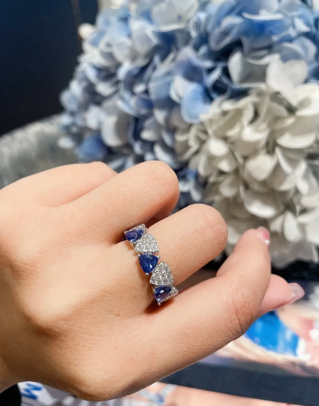 Ornate Triple Teardrop Blue and Pavé Ring 4