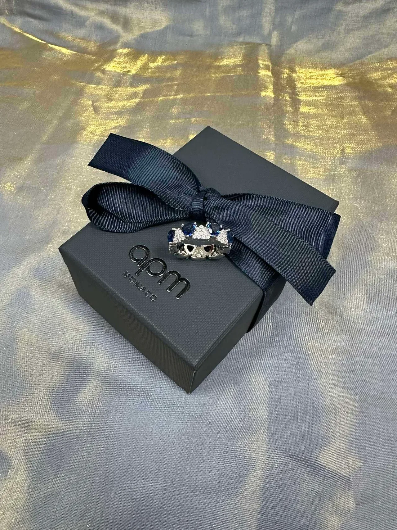 Ornate Triple Teardrop Blue and Pavé Ring 7