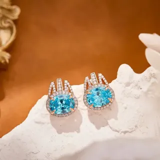 Oval Blue Gemstone Pavé Halo Stud Earrings