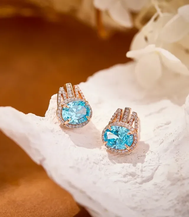 Oval Blue Gemstone Pavé Halo Stud Earrings 2