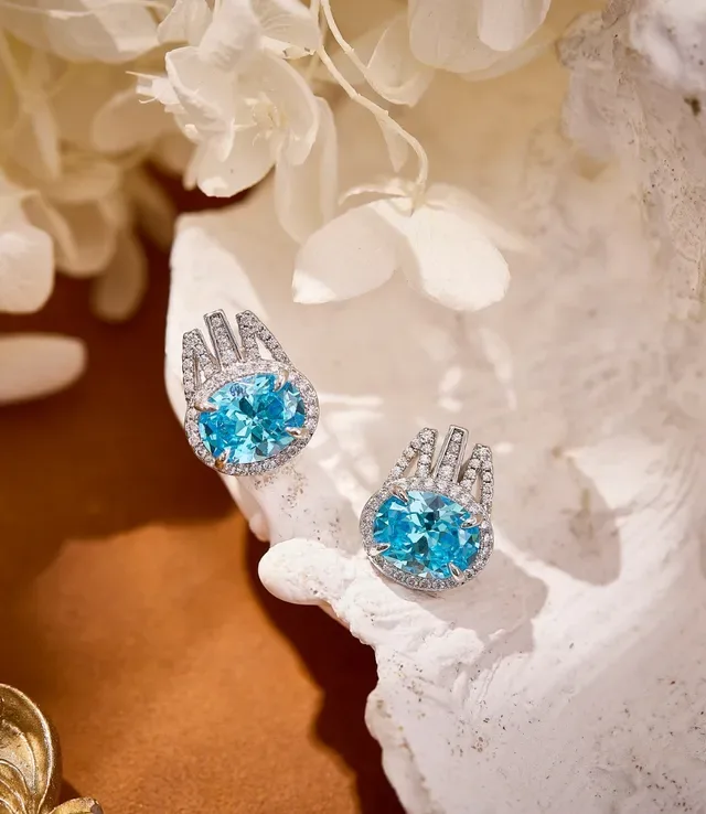 Oval Blue Gemstone Pavé Halo Stud Earrings 6