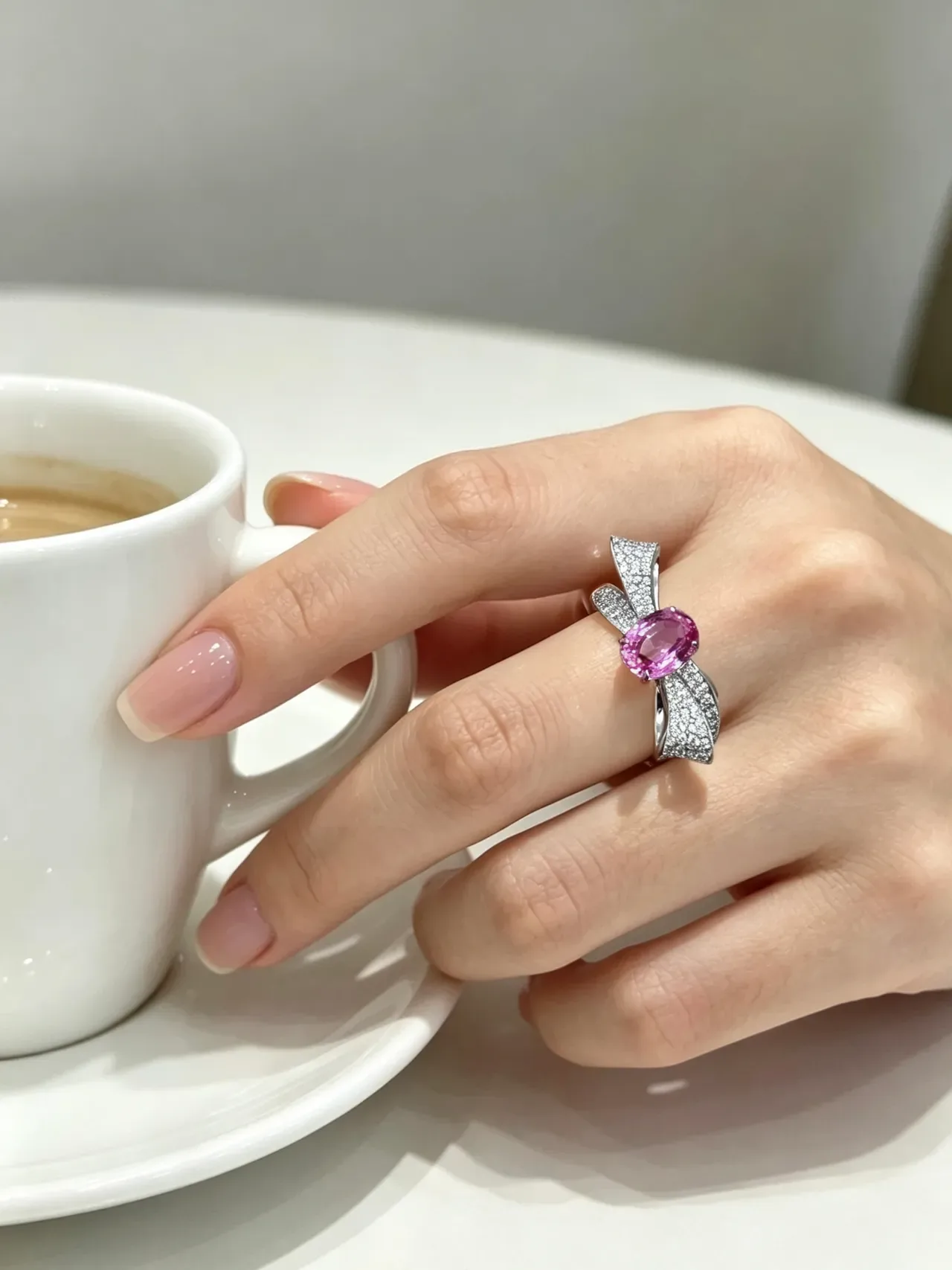 Oval Pink Gemstone Pavé Diamond Wing Ring 2