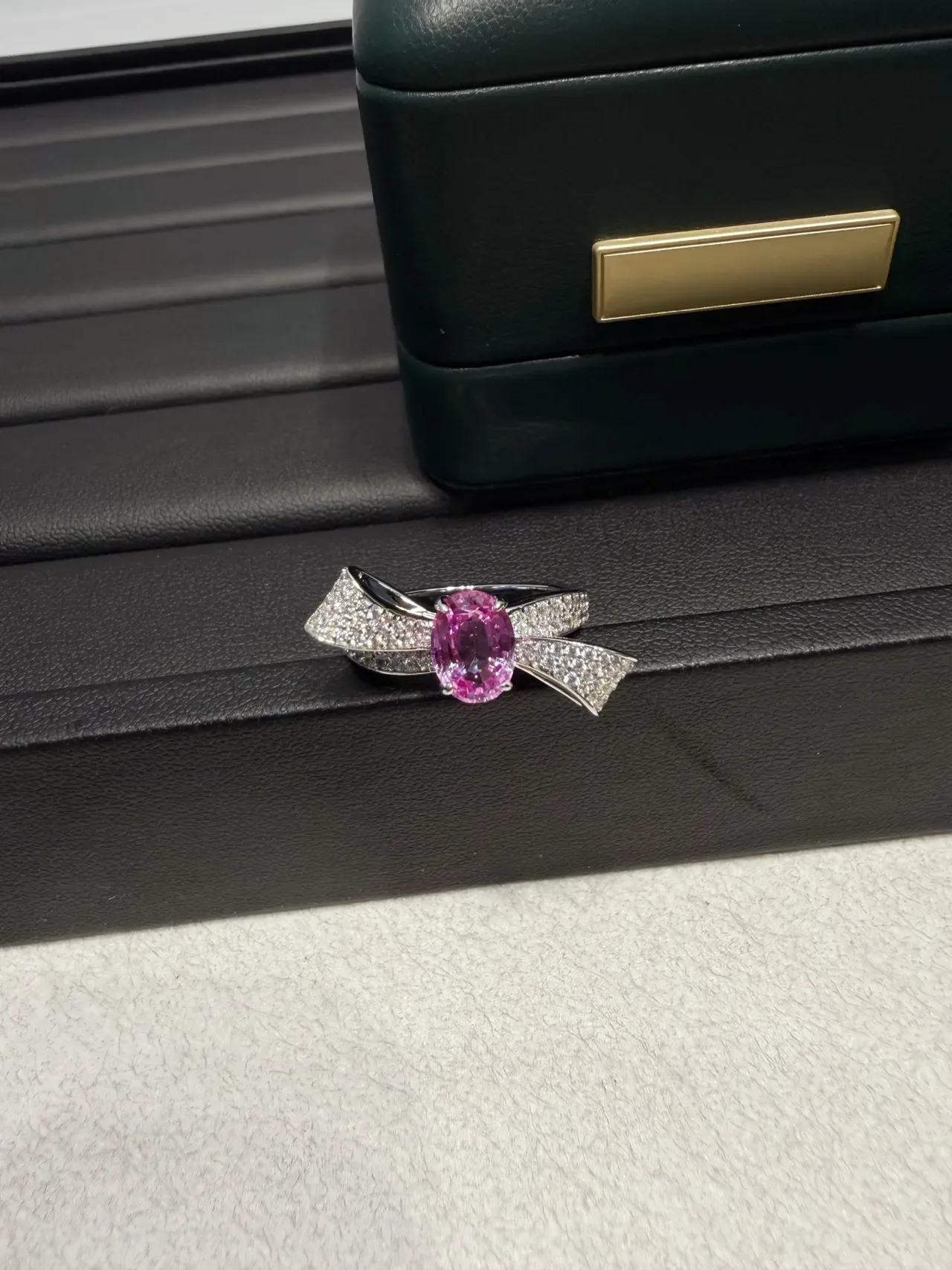 Oval Pink Gemstone Pavé Diamond Wing Ring 8