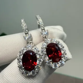Oval Red Gemstone Halo Cluster Earrings