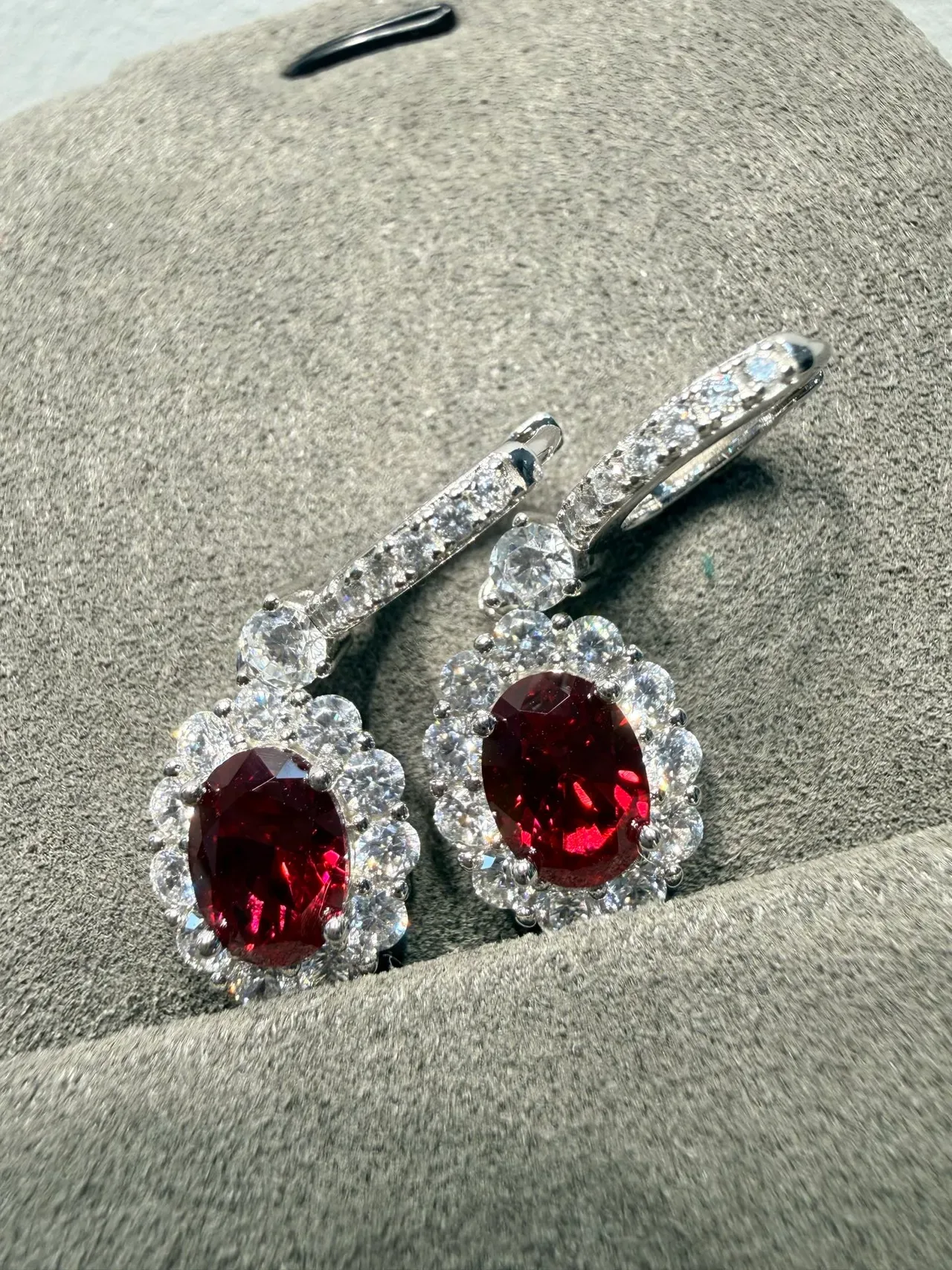 Oval Red Gemstone Halo Cluster Earrings 4