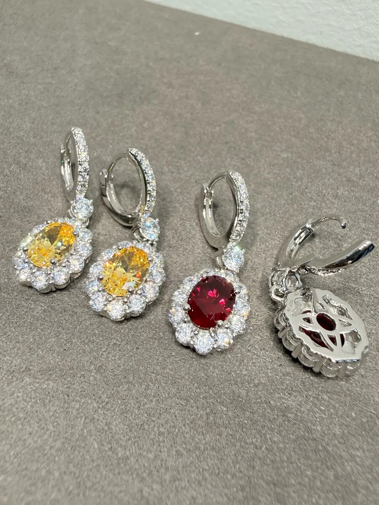 Oval Red Gemstone Halo Cluster Earrings 5