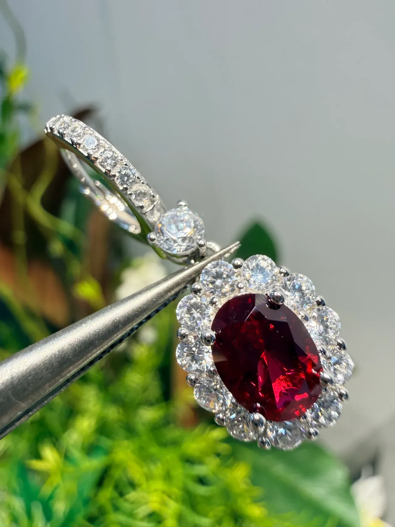 Oval Red Gemstone Halo Cluster Earrings 6
