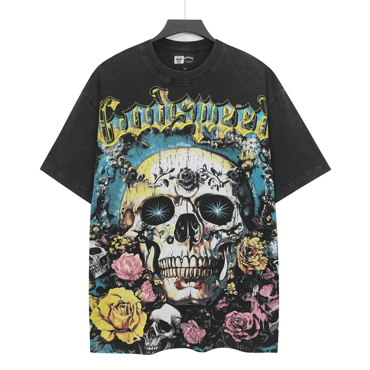 Oversized Washed Black Graphic Skull and Roses T-Shirt 2
