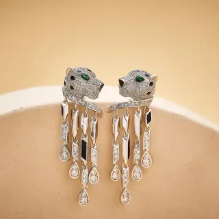 Panther-Head Pavé Diamond and Onyx Fringe Earrings