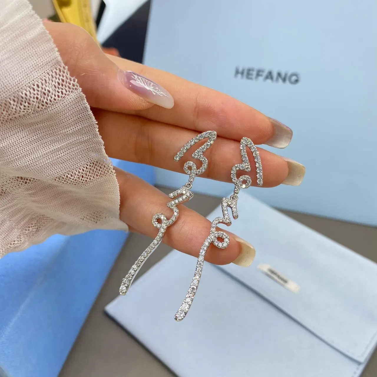 Pavé-Set Abstract Linear Dangling Earrings 3