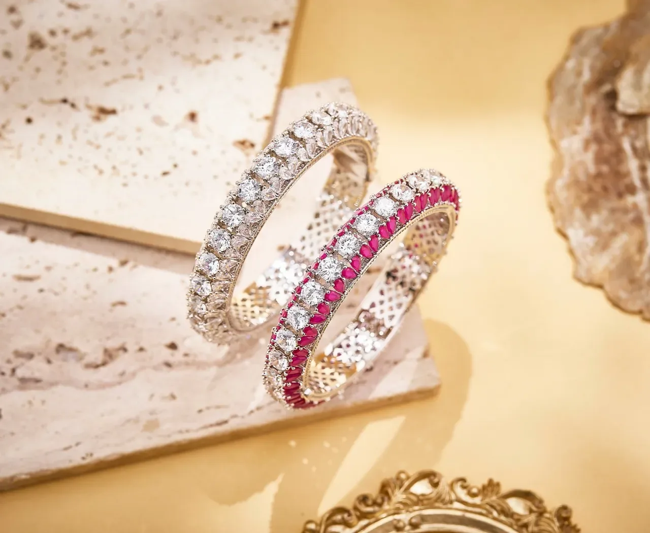 Pavé-Set Ruby and Diamond Bangle Bracelet and Diamond-Only Bangle Bracelet 6