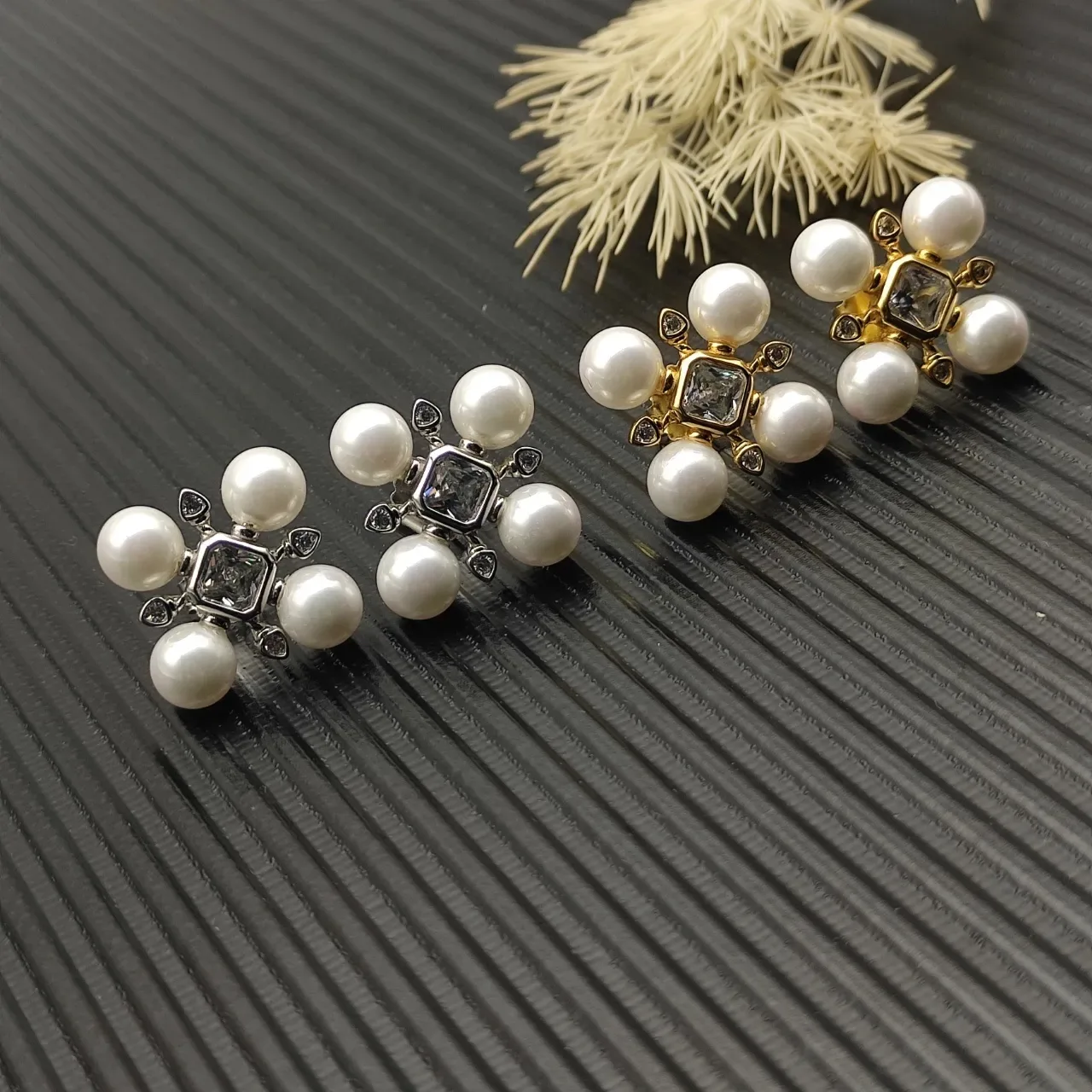 Pearl and Diamond Cross-Set Stud Earrings 7