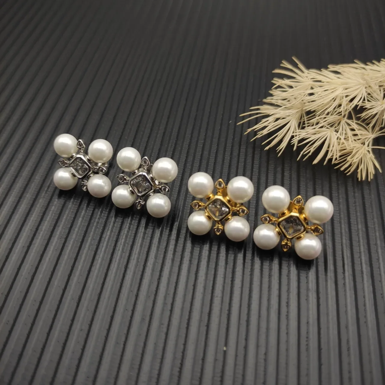 Pearl and Diamond Cross-Set Stud Earrings 8