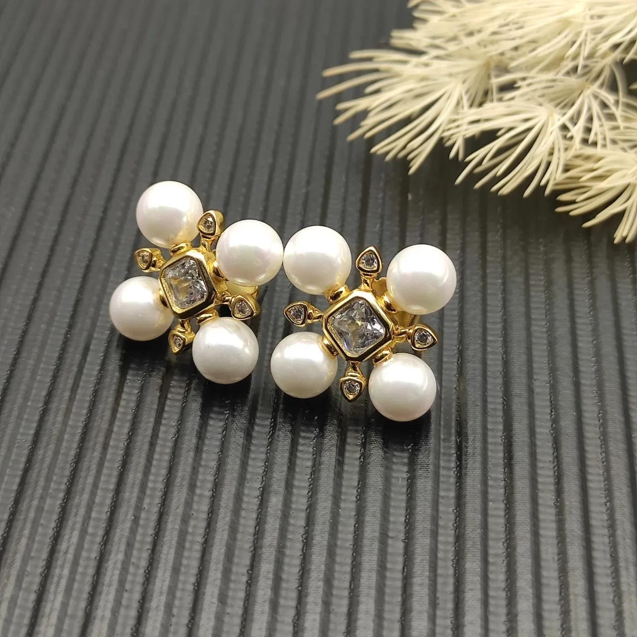 Pearl and Diamond Cross-Set Stud Earrings 9