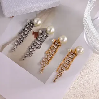 Pearl-Studded Crystal-Grid Chain-Fringe Dangling Earrings
