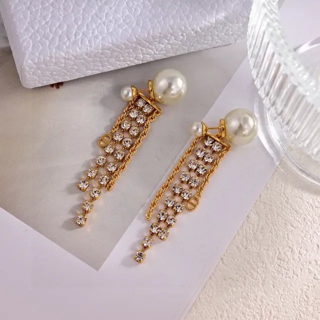 Pearl-Studded Crystal-Grid Chain-Fringe Dangling Earrings 2