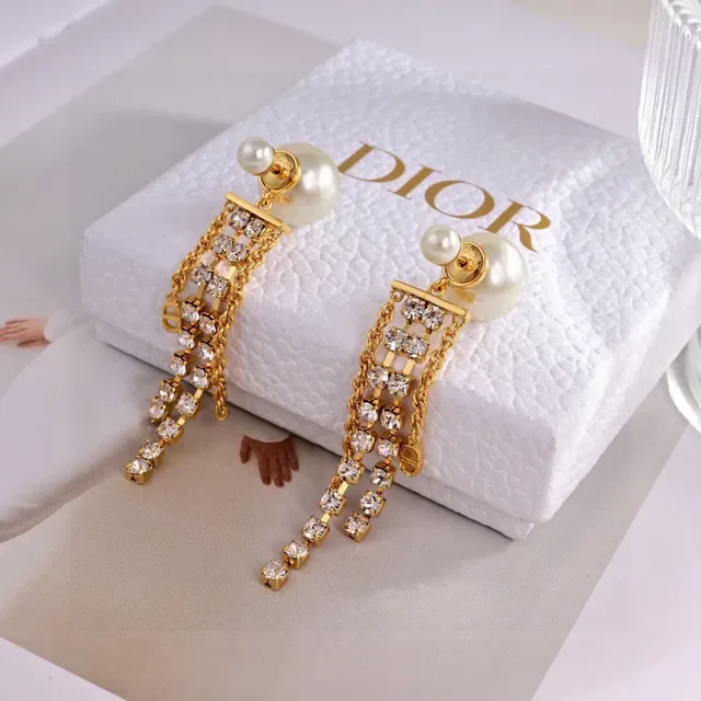 Pearl-Studded Crystal-Grid Chain-Fringe Dangling Earrings 3