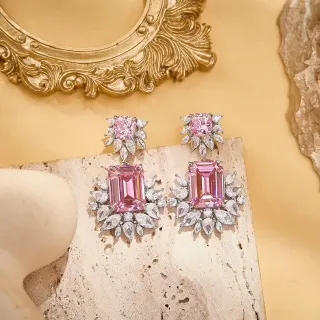 Pink Emerald-Cut Leaf-Motif Drop Earrings