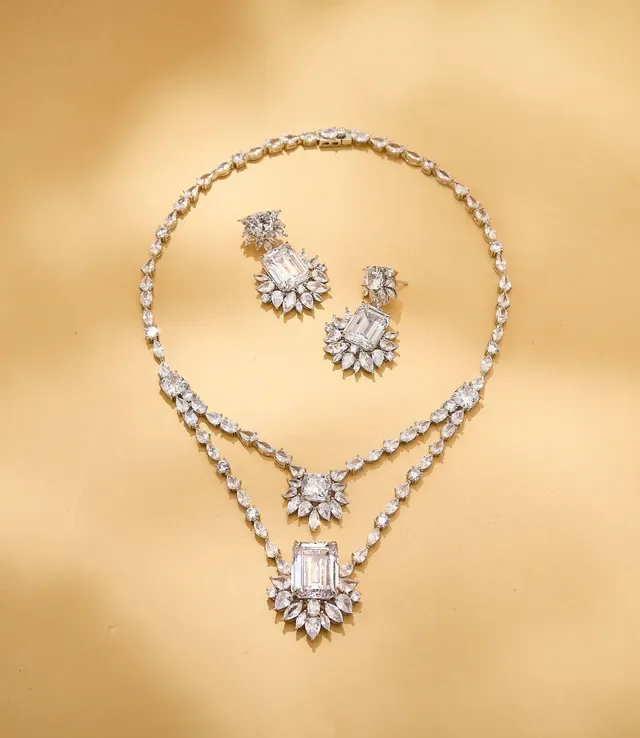 Pink Emerald-Cut Leaf-Motif Drop Earrings 2