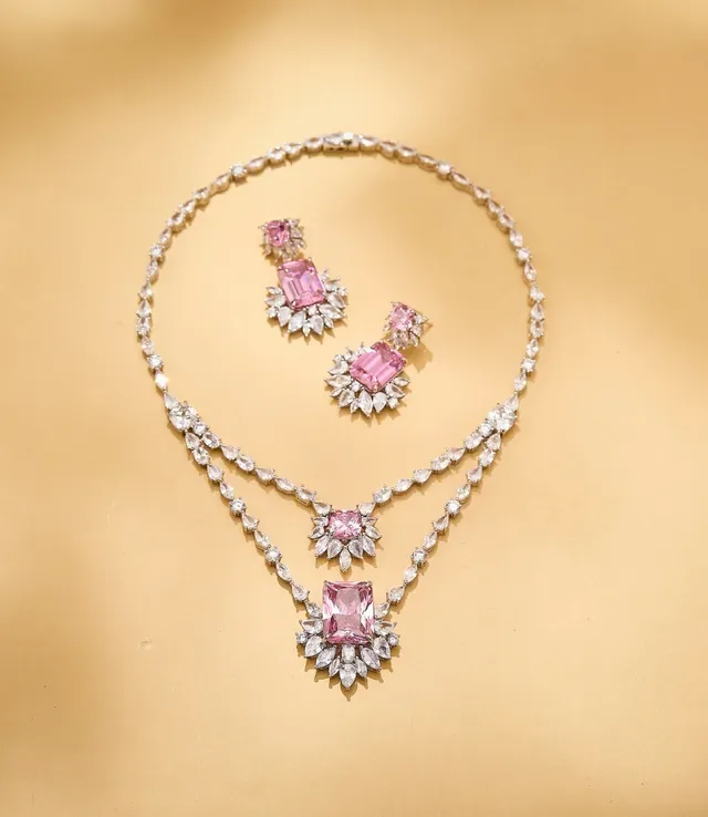 Pink Emerald-Cut Leaf-Motif Drop Earrings 3