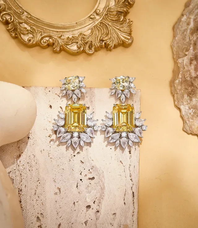 Pink Emerald-Cut Leaf-Motif Drop Earrings 6