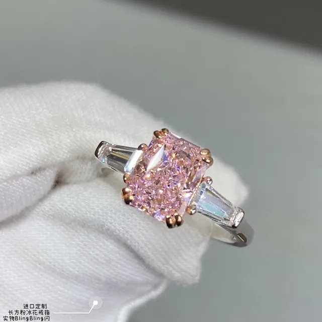 Pink Gold Cushion-Cut Central Stone Baguette Side Stones Ring 6