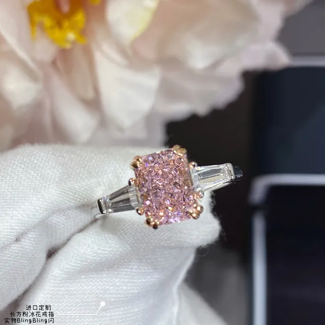 Pink Gold Cushion-Cut Central Stone Baguette Side Stones Ring 7