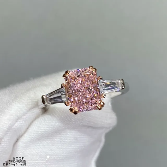 Pink Gold Cushion-Cut Central Stone Baguette Side Stones Ring 8