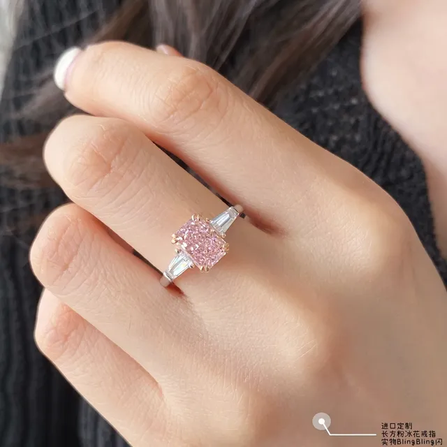 Pink Gold Cushion-Cut Central Stone Baguette Side Stones Ring 9