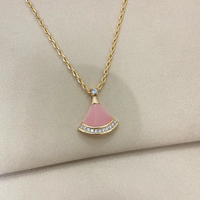 Pink Gold Fan-Shaped Pendant Enamel Necklace 2