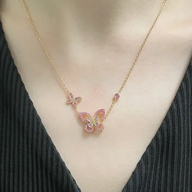 Pink Silver Butterfly Pendant Pavé-Set Gemstones Necklace 8