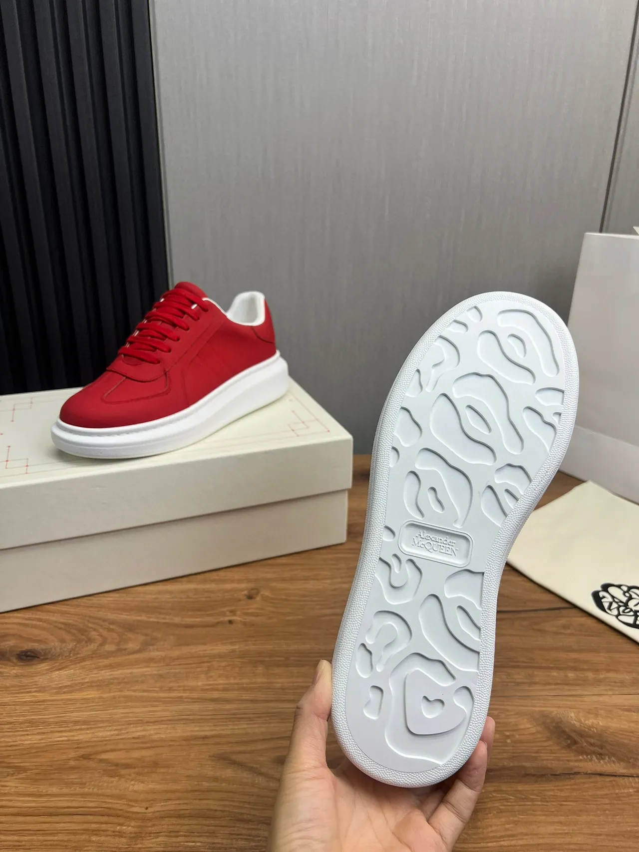 Red and White Platform Sole Low-Top Sneaker 2